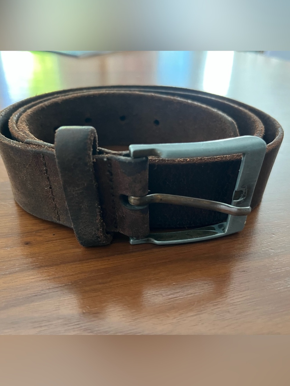 Men's Brown Leather Belt with Brushed Metal Buckle